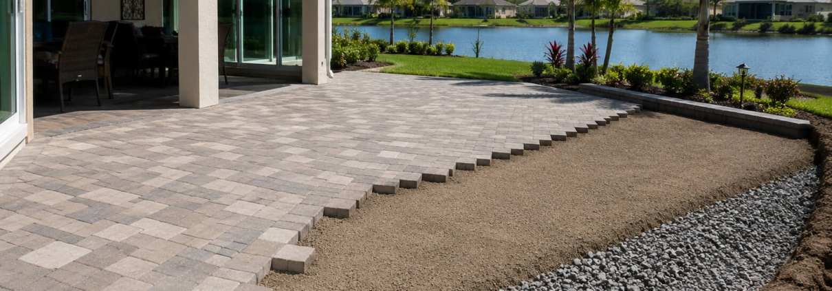 Paver patio installation in progress at a Florida home near pool, showing compacted base and freshly laid pavers