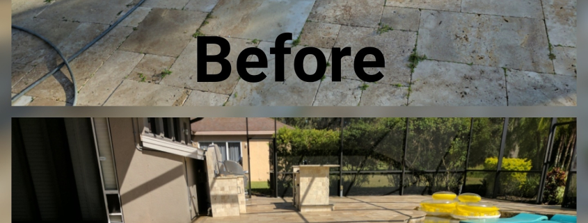 Before-and-after sealed pool deck pavers beside a Clearwater backyard pool, showing restored color and sheen.