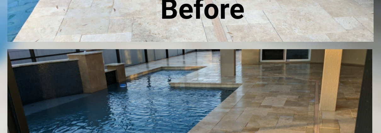 Before and after travertine pool deck sealing in Clearwater FL, showing dull pavers restored to a clean, glossy finish