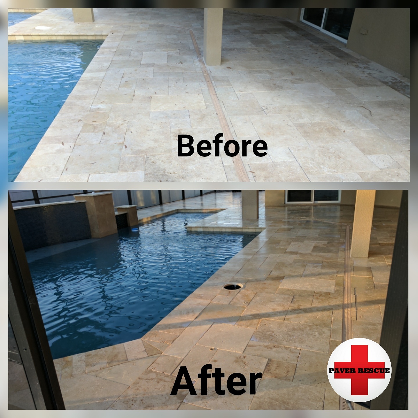 Before and after travertine pool deck sealing in Clearwater FL, showing dull pavers restored to a clean, glossy finish